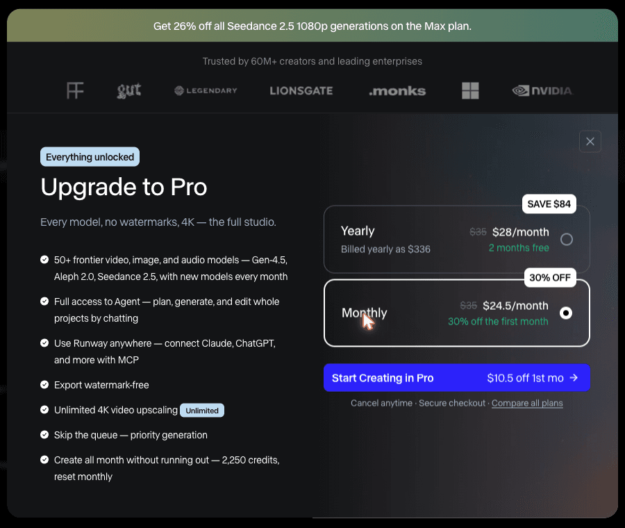 Runway で無料プランのまま Gen-4.5 を選んだときに出る Upgrade to Pro の画面